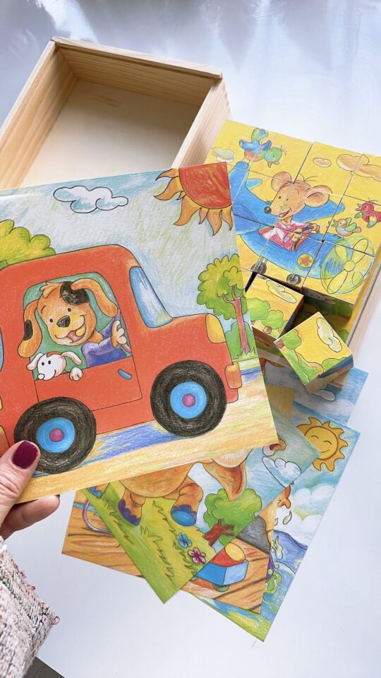 Sevimli Taşıtlar ve Hayvanlar Ahşap Küp Puzzle