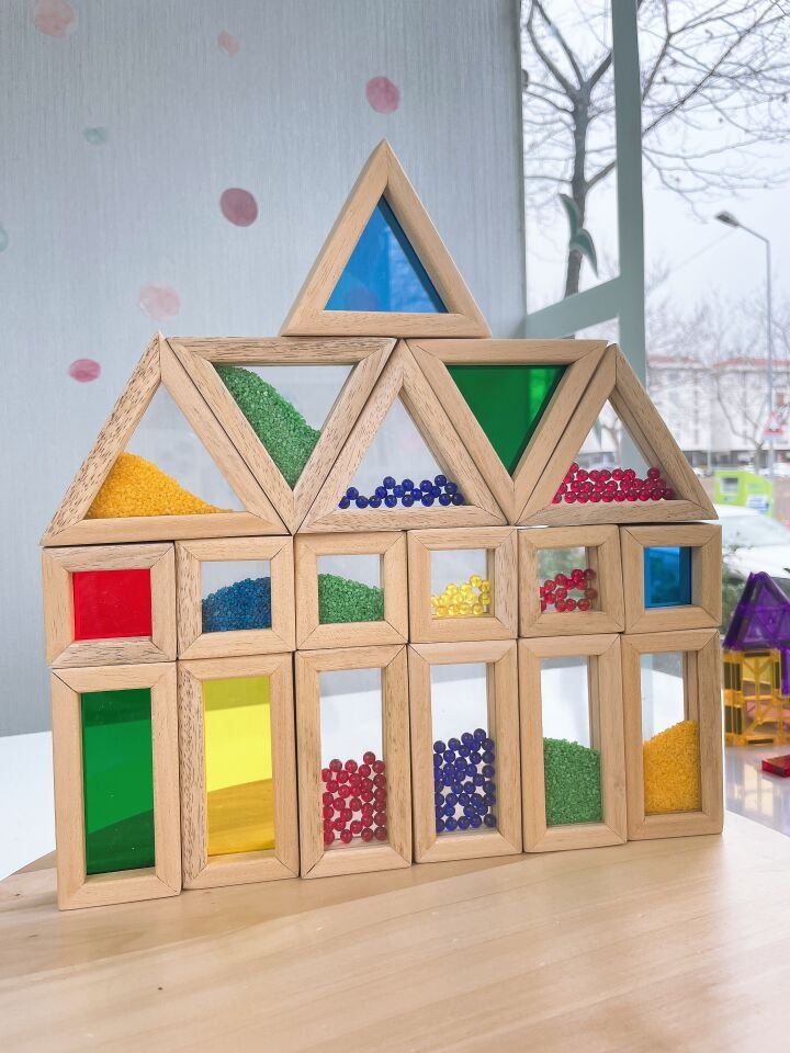 Waldorf Ahşap Oyuncak Gökkuşağı Rainbow Karma Blokları 18 Parça ( Kumlu,boncuklu,düz)