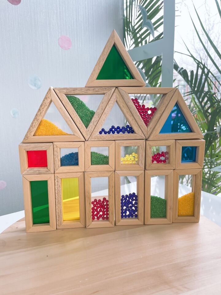 Waldorf Ahşap Oyuncak Gökkuşağı Rainbow Karma Blokları 18 Parça ( Kumlu,boncuklu,düz)