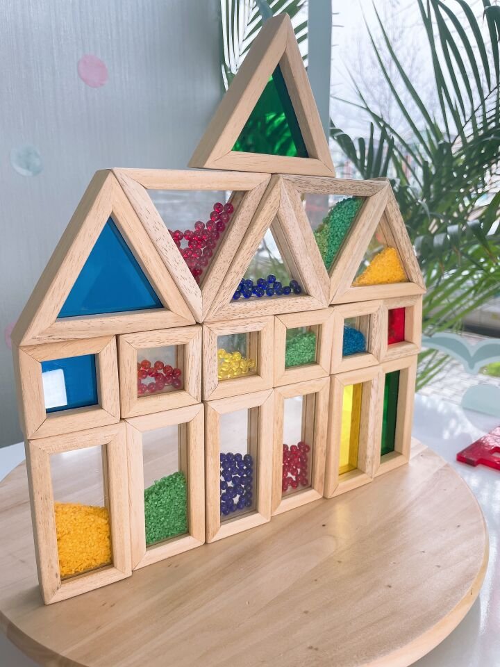 Waldorf Ahşap Oyuncak Gökkuşağı Rainbow Karma Blokları 18 Parça ( Kumlu,boncuklu,düz)