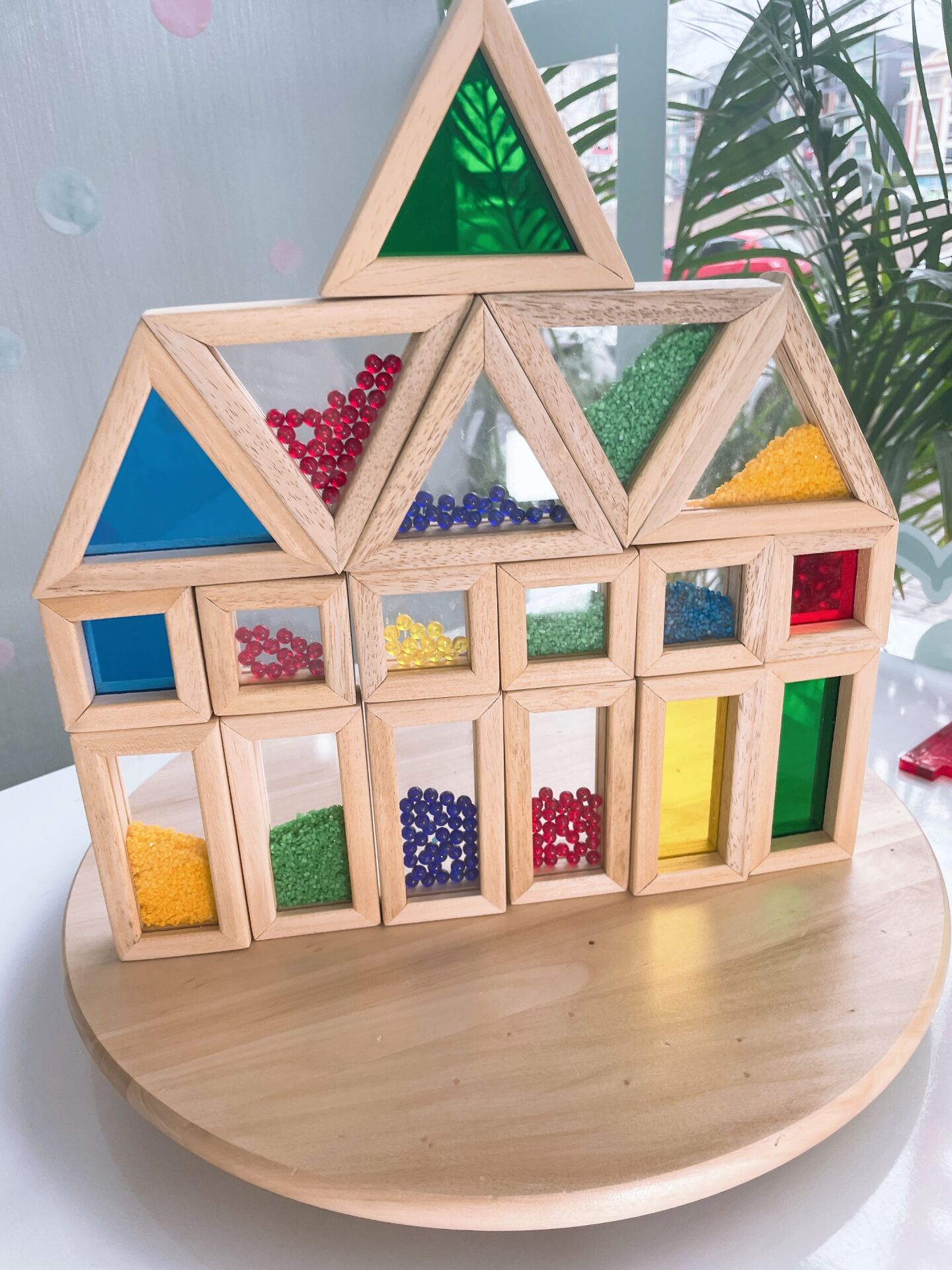 Waldorf Ahşap Oyuncak Gökkuşağı Rainbow Karma Blokları 18 Parça ( Kumlu,boncuklu,düz)