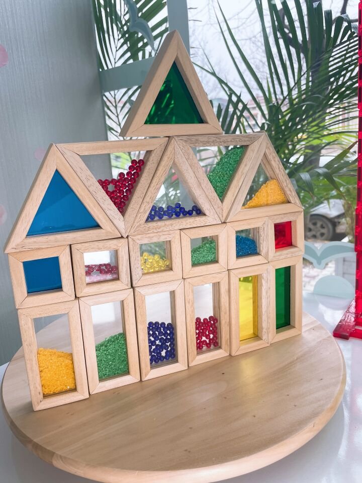 Waldorf Ahşap Oyuncak Gökkuşağı Rainbow Karma Blokları 18 Parça ( Kumlu,boncuklu,düz)