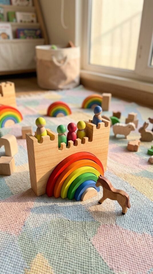 Waldorf Ahşap Oyuncak Gökkuşağı Şatosu Peg Bebekli