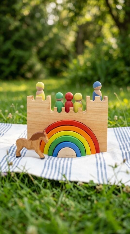 Waldorf Ahşap Oyuncak Gökkuşağı Şatosu Peg Bebekli