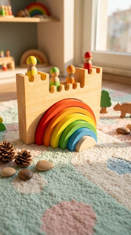 Waldorf Ahşap Oyuncak Gökkuşağı Şatosu Peg Bebekli