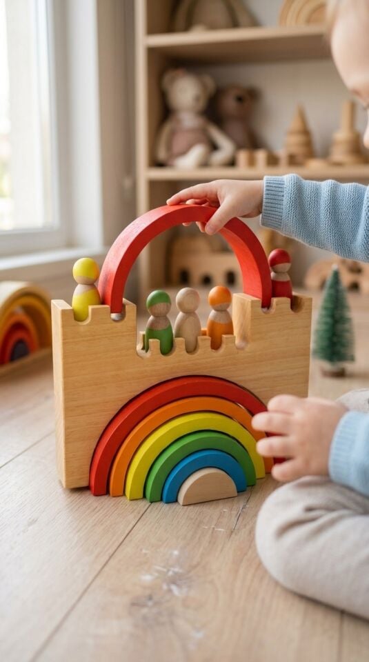 Waldorf Ahşap Oyuncak Gökkuşağı Şatosu Peg Bebekli