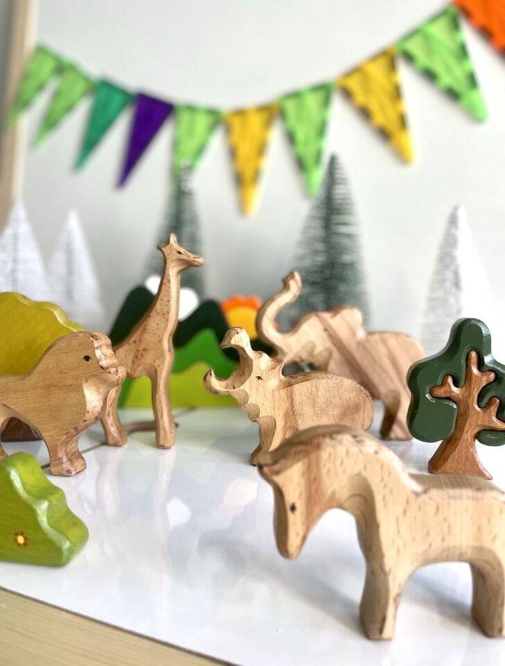 Waldorf Doğal Ahşap Oyuncak Afrika Safari Hayvanlar Oyun Seti