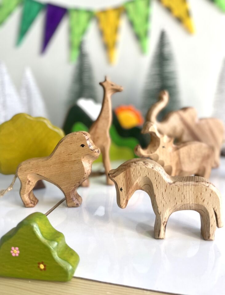 Waldorf Doğal Ahşap Oyuncak Afrika Safari Hayvanlar Oyun Seti