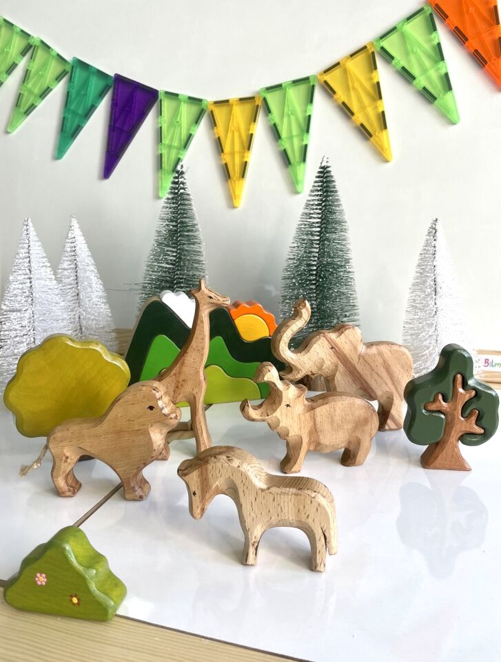 Waldorf Doğal Ahşap Oyuncak Afrika Safari Hayvanlar Oyun Seti