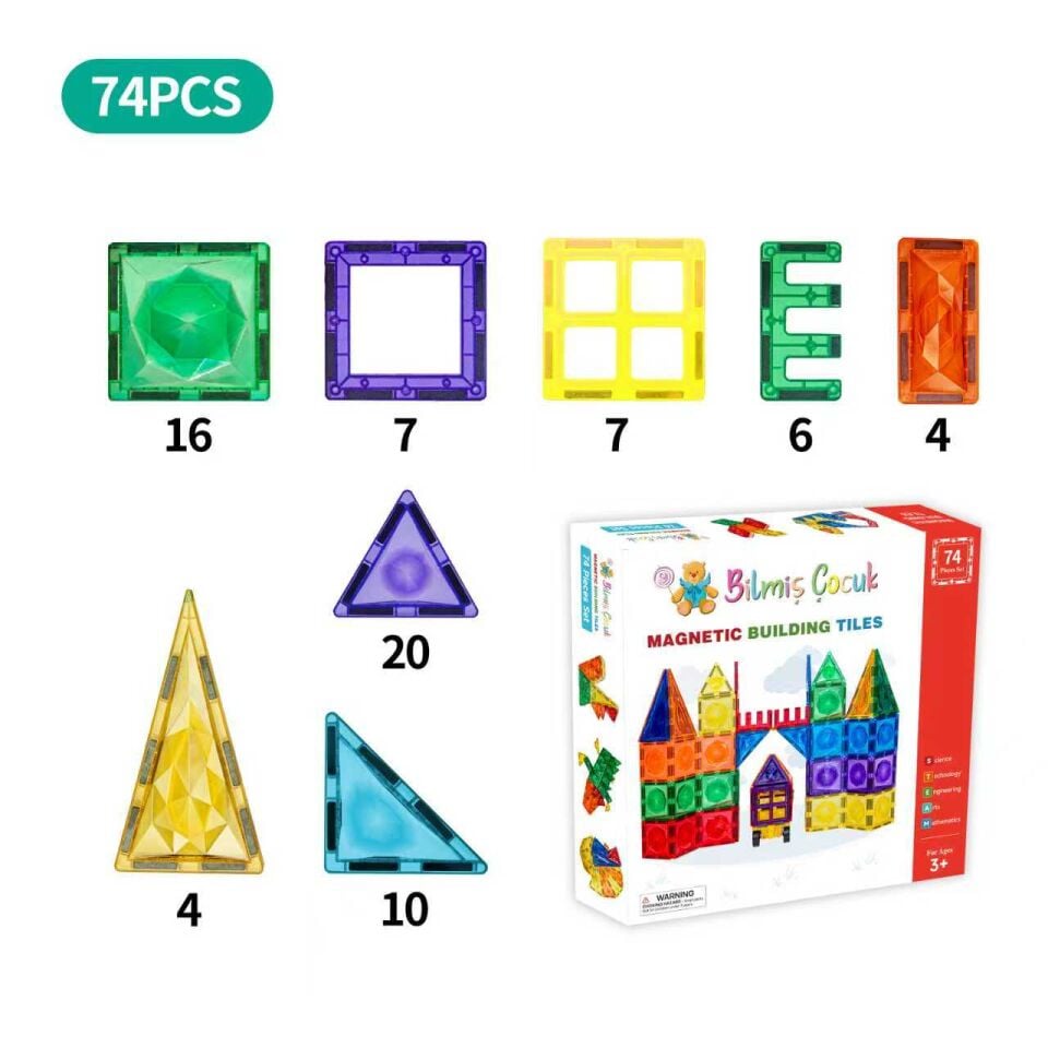 Manyetik Yapı Blokları 74 Parça Magnetic Tiles (Pimsiz)