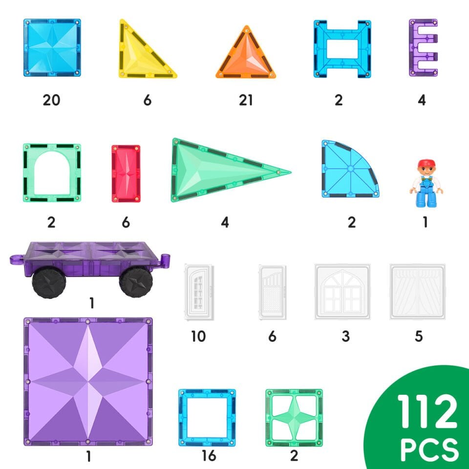 Magnetic Tiles 112 Parça Manyetik Yapı Blokları 1 arabalı Magnetic Tiles