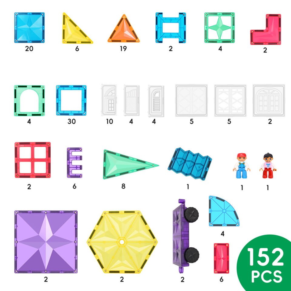Magnetic Tiles 152 Parça Manyetik Yapı Blokları 2 arabalı Magnetic Tiles