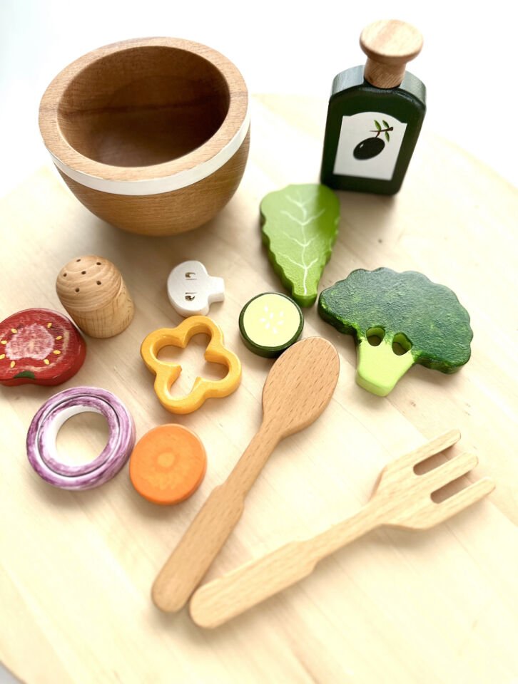 Waldorf Ahşap Oyuncak Kaseli Salata Seti 14 parça