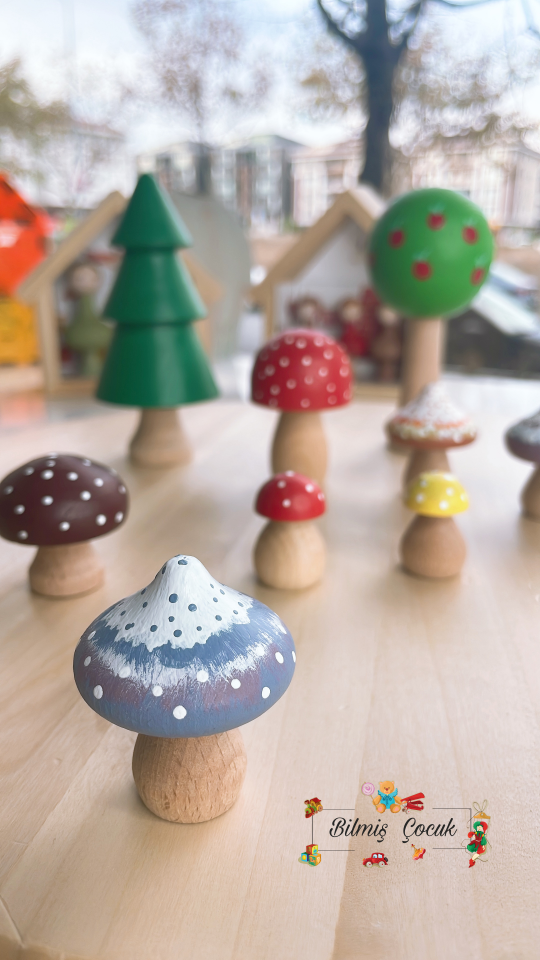 Waldorf Ahşap Oyuncak Mantar ve Ağaç Seti ( 9 parça)