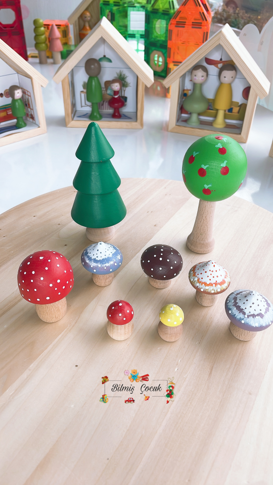 Waldorf Ahşap Oyuncak Mantar ve Ağaç Seti ( 9 parça)