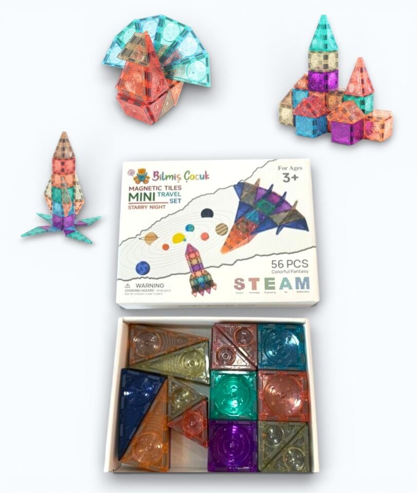 Magnetic Tiles 56 Parça Mini Manyetik Yapı Blokları Seyahat Tipi & Taşınabilir Oyun Arkadaşı
