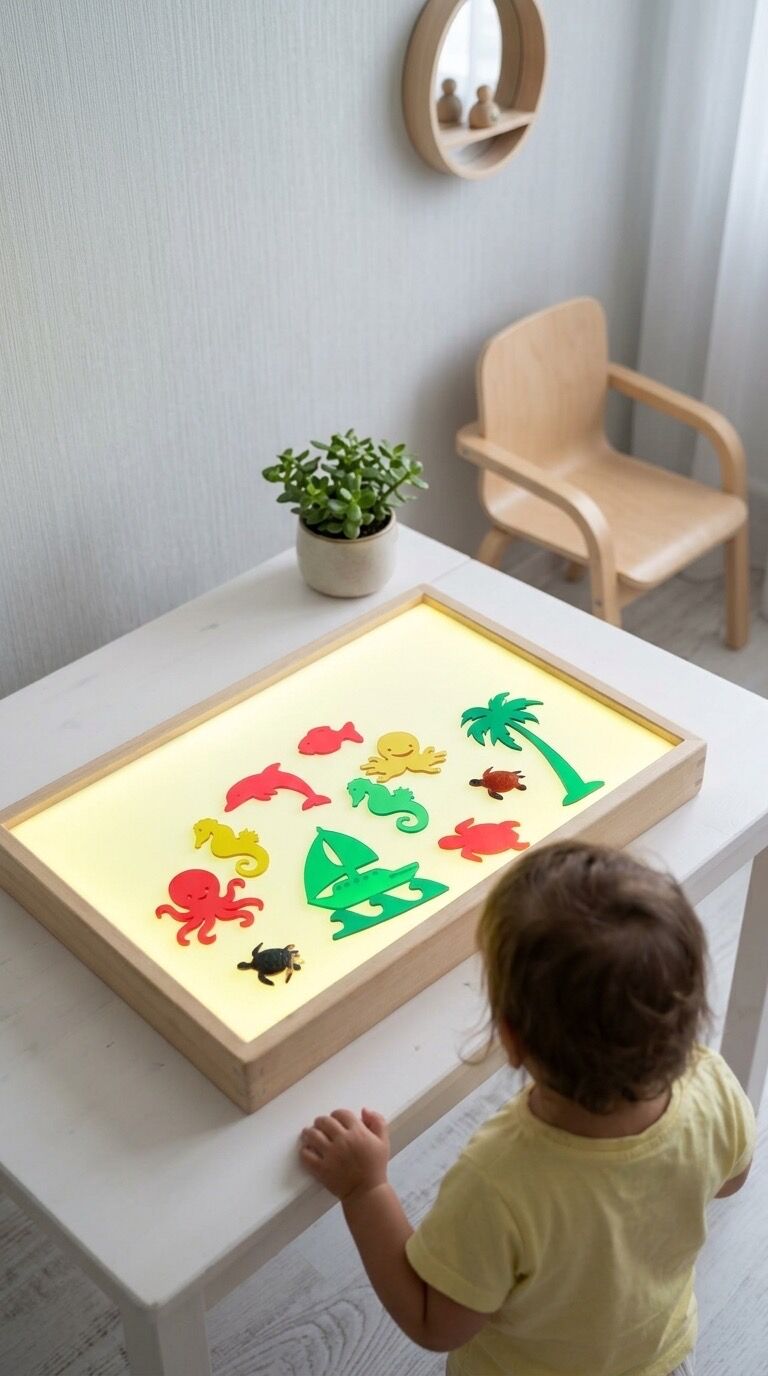 Ahşap Işıklı Masa Ayaksız Montessori 16 Renkli (Reggio Emilia Tabla)