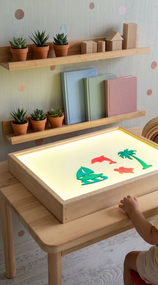 Ahşap Işıklı Masa Ayaksız Montessori 16 Renkli (Reggio Emilia Tabla)