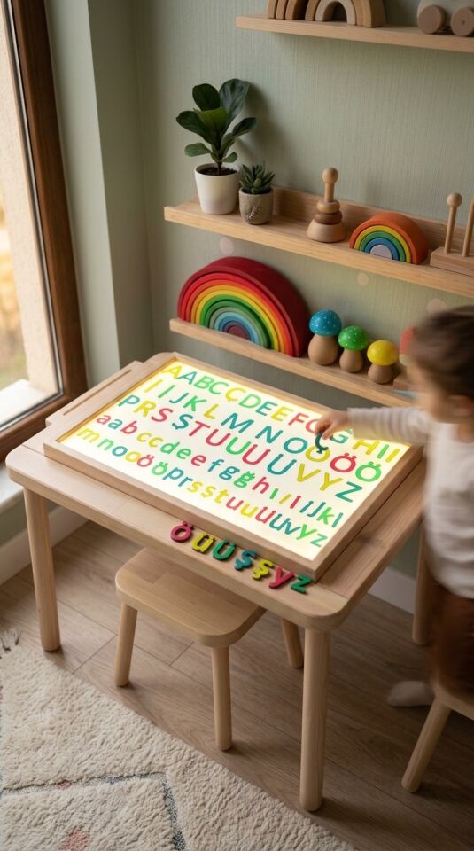 Ahşap Işıklı Masa Ayaksız Montessori 16 Renkli (Reggio Emilia Tabla)