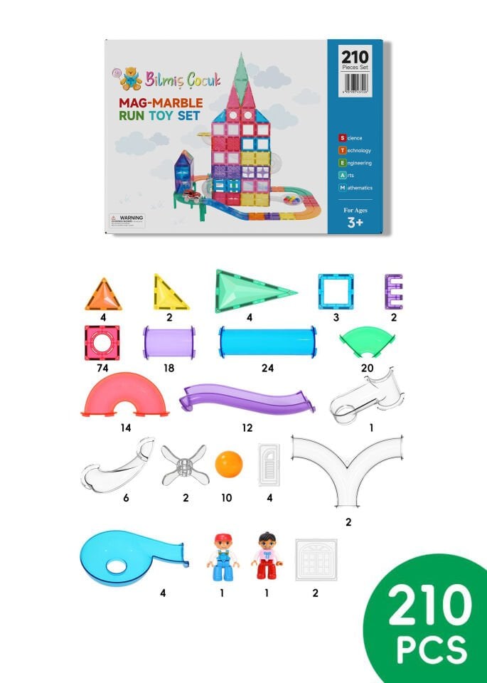 Manyetik Pimli Şeffaf Borulu Kaydırak Borulu Yapı Blok 210 Parça Magnetic Tiles