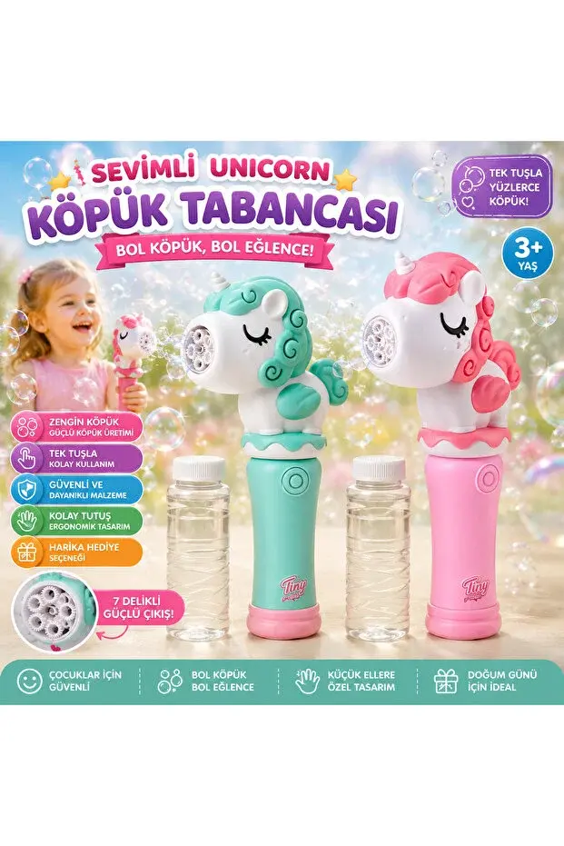 Unicorn Köpük Tabancası Otomatik Baloncuk Oyuncağı – Tek Tuşla Yüzlerce Köpük