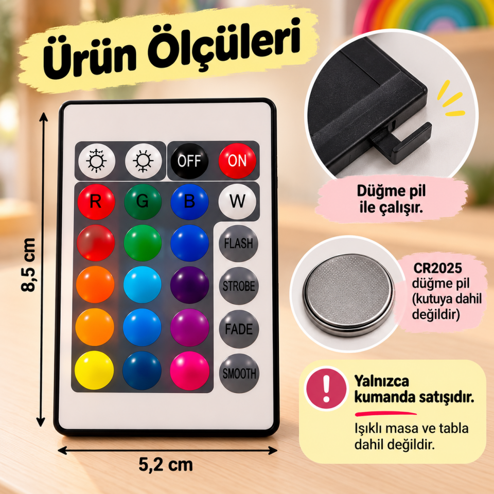 Işıklı Masa ve Işıklı Tabla Yedek Kumandası – 16 Renk Seçenekli RGB Uzaktan Kumanda