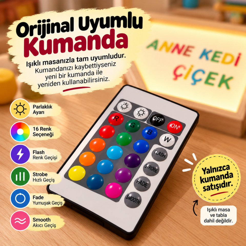 Işıklı Masa ve Işıklı Tabla Yedek Kumandası – 16 Renk Seçenekli RGB Uzaktan Kumanda