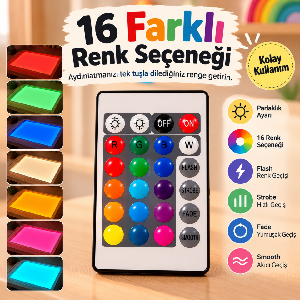 Işıklı Masa ve Işıklı Tabla Yedek Kumandası – 16 Renk Seçenekli RGB Uzaktan Kumanda